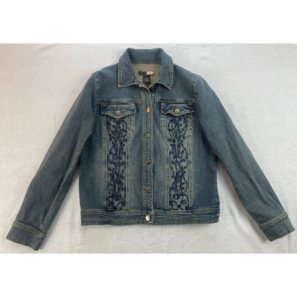 Women’s Blue Denim Jean Jacket Embroidered & Sparkle Embellishments Sz 10 Vtg
